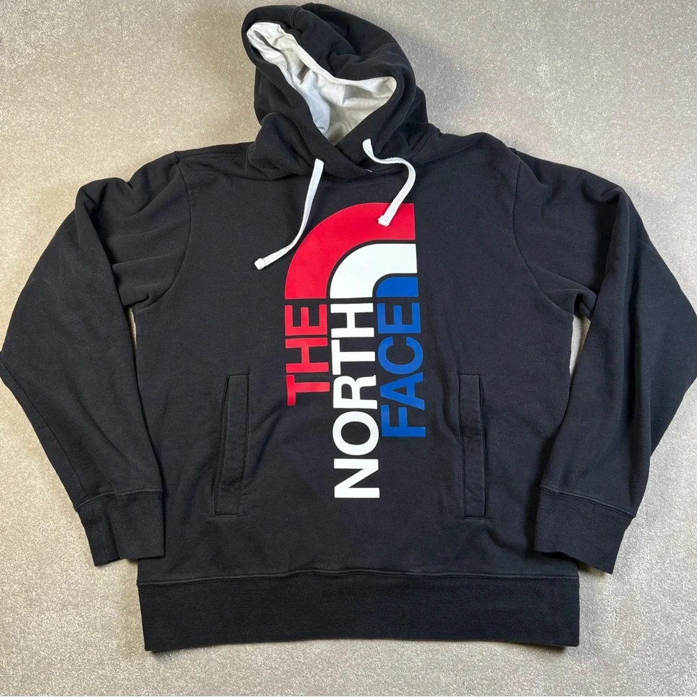 The North Face Hoodie Black Red/white/blue Logo front Kangaroo Pouch men's med